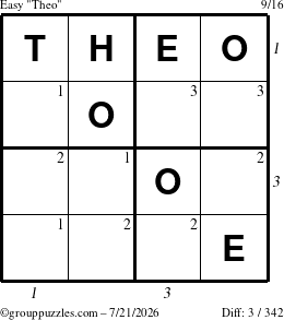 The grouppuzzles.com Easy Theo puzzle for Tuesday July 21, 2026 with all 3 steps marked