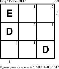 The grouppuzzles.com Easy TicTac-DEF puzzle for Tuesday July 21, 2026 with all 2 steps marked