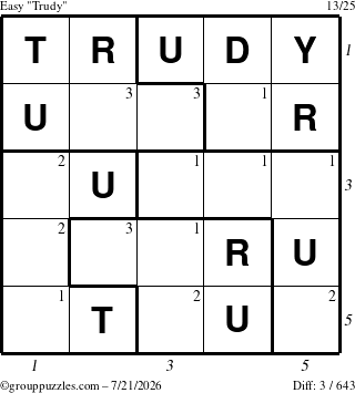 The grouppuzzles.com Easy Trudy puzzle for Tuesday July 21, 2026, suitable for printing, with all 3 steps marked