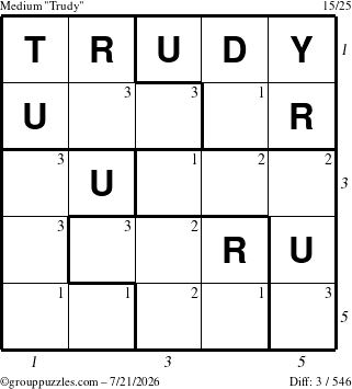 The grouppuzzles.com Medium Trudy puzzle for Tuesday July 21, 2026, suitable for printing, with all 3 steps marked
