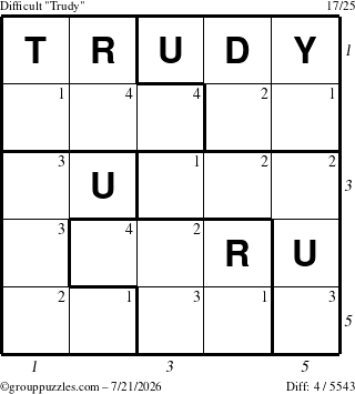 The grouppuzzles.com Difficult Trudy puzzle for Tuesday July 21, 2026 with all 4 steps marked