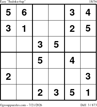 The grouppuzzles.com Easy Sudoku-6up puzzle for Tuesday July 21, 2026
