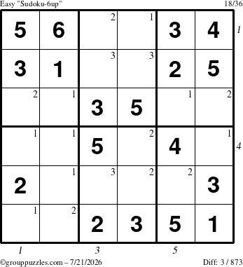 The grouppuzzles.com Easy Sudoku-6up puzzle for Tuesday July 21, 2026 with all 3 steps marked