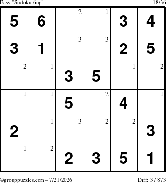 The grouppuzzles.com Easy Sudoku-6up puzzle for Tuesday July 21, 2026 with the first 3 steps marked