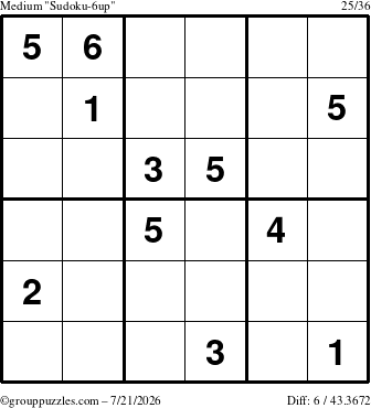 The grouppuzzles.com Medium Sudoku-6up puzzle for Tuesday July 21, 2026