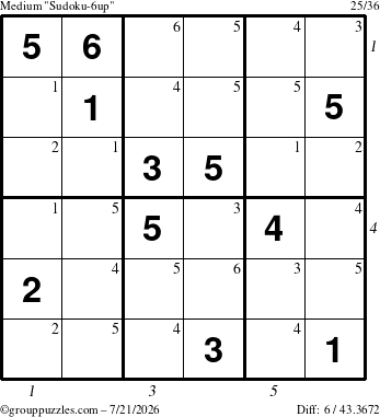 The grouppuzzles.com Medium Sudoku-6up puzzle for Tuesday July 21, 2026 with all 6 steps marked