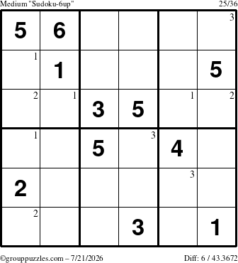 The grouppuzzles.com Medium Sudoku-6up puzzle for Tuesday July 21, 2026 with the first 3 steps marked