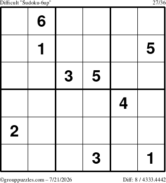 The grouppuzzles.com Difficult Sudoku-6up puzzle for Tuesday July 21, 2026