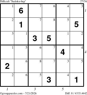 The grouppuzzles.com Difficult Sudoku-6up puzzle for Tuesday July 21, 2026 with all 8 steps marked