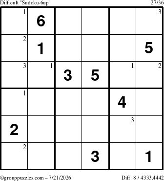 The grouppuzzles.com Difficult Sudoku-6up puzzle for Tuesday July 21, 2026 with the first 3 steps marked