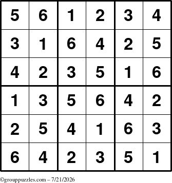 The grouppuzzles.com Answer grid for the Sudoku-6up puzzle for Tuesday July 21, 2026