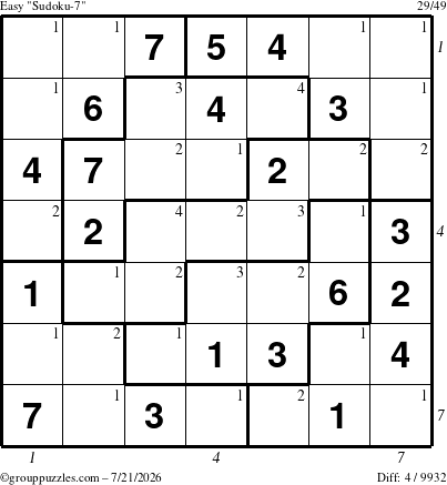 The grouppuzzles.com Easy Sudoku-7 puzzle for Tuesday July 21, 2026 with all 4 steps marked