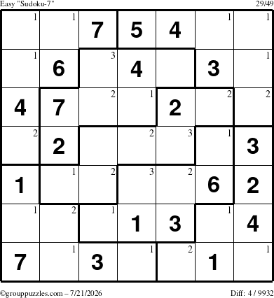 The grouppuzzles.com Easy Sudoku-7 puzzle for Tuesday July 21, 2026 with the first 3 steps marked