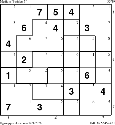 The grouppuzzles.com Medium Sudoku-7 puzzle for Tuesday July 21, 2026 with all 8 steps marked