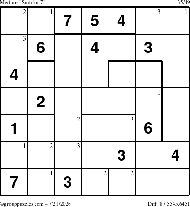 The grouppuzzles.com Medium Sudoku-7 puzzle for Tuesday July 21, 2026 with the first 3 steps marked