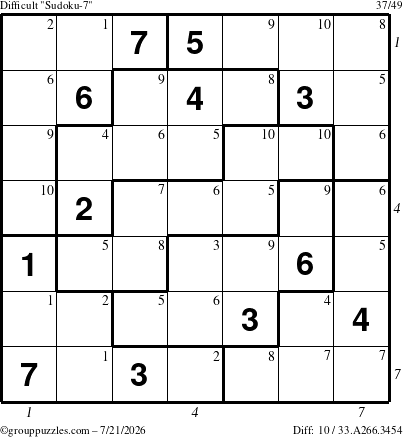 The grouppuzzles.com Difficult Sudoku-7 puzzle for Tuesday July 21, 2026, suitable for printing, with all 10 steps marked