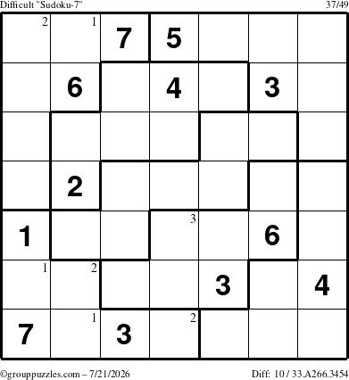 The grouppuzzles.com Difficult Sudoku-7 puzzle for Tuesday July 21, 2026 with the first 3 steps marked