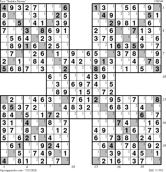 The grouppuzzles.com Easy Sudoku-Xtreme puzzle for Tuesday July 21, 2026 with all 3 steps marked