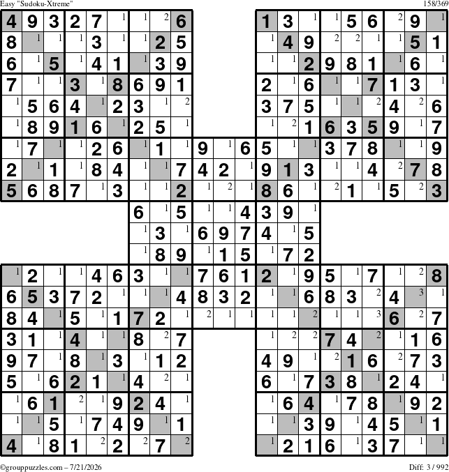 The grouppuzzles.com Easy Sudoku-Xtreme puzzle for Tuesday July 21, 2026 with the first 3 steps marked