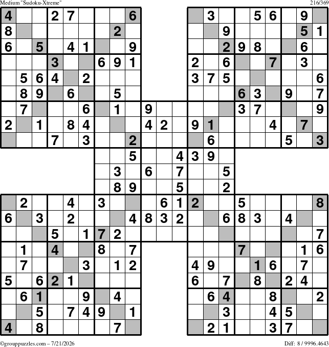 The grouppuzzles.com Medium Sudoku-Xtreme puzzle for Tuesday July 21, 2026