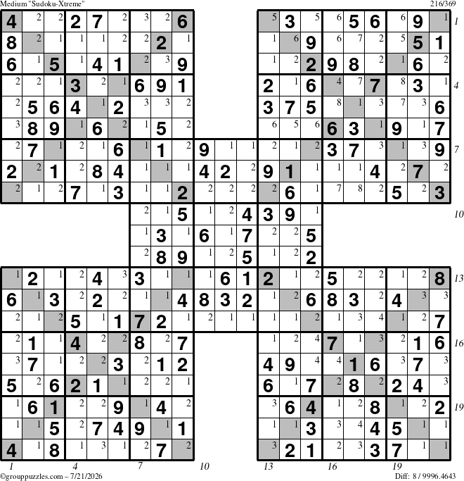 The grouppuzzles.com Medium Sudoku-Xtreme puzzle for Tuesday July 21, 2026, suitable for printing, with all 8 steps marked