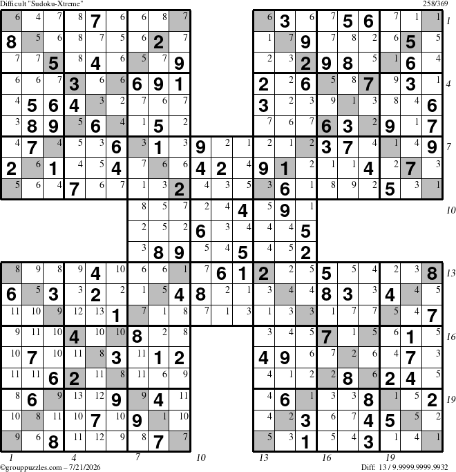The grouppuzzles.com Difficult Sudoku-Xtreme puzzle for Tuesday July 21, 2026 with all 13 steps marked