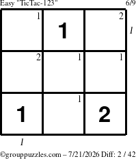 The grouppuzzles.com Easy TicTac-123 puzzle for Tuesday July 21, 2026 with all 2 steps marked