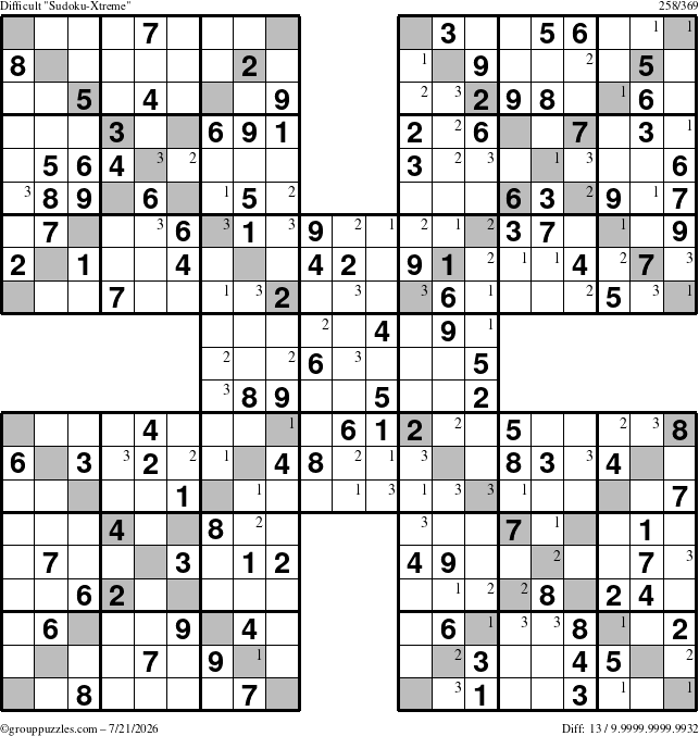 The grouppuzzles.com Difficult Sudoku-Xtreme puzzle for Tuesday July 21, 2026 with the first 3 steps marked