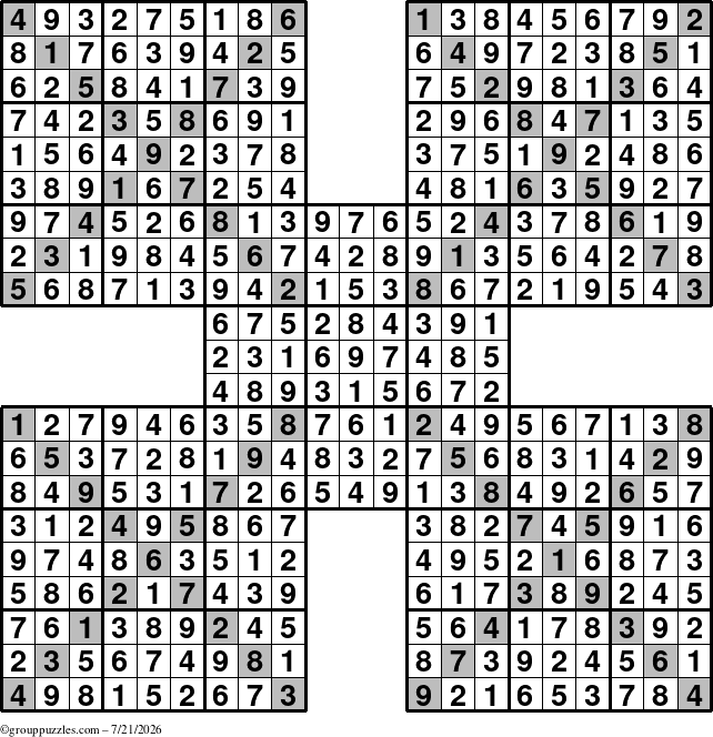 The grouppuzzles.com Answer grid for the Sudoku-Xtreme puzzle for Tuesday July 21, 2026