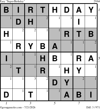 The grouppuzzles.com Easy Super-Birthday puzzle for Tuesday July 21, 2026 with all 3 steps marked