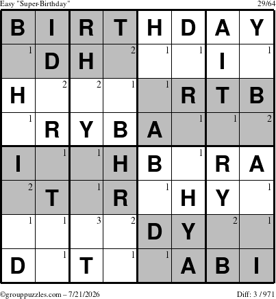 The grouppuzzles.com Easy Super-Birthday puzzle for Tuesday July 21, 2026 with the first 3 steps marked