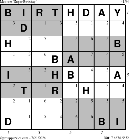 The grouppuzzles.com Medium Super-Birthday puzzle for Tuesday July 21, 2026, suitable for printing, with all 7 steps marked