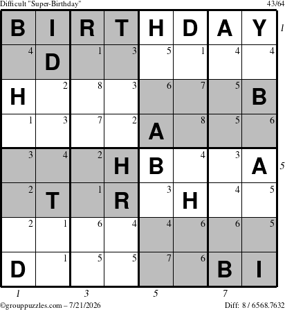 The grouppuzzles.com Difficult Super-Birthday puzzle for Tuesday July 21, 2026, suitable for printing, with all 8 steps marked