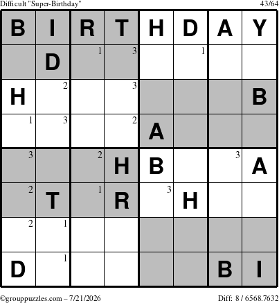 The grouppuzzles.com Difficult Super-Birthday puzzle for Tuesday July 21, 2026 with the first 3 steps marked