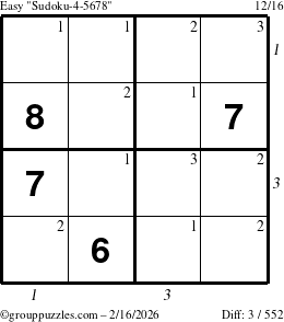 The grouppuzzles.com Easy Sudoku-4-5678 puzzle for Monday February 16, 2026 with all 3 steps marked