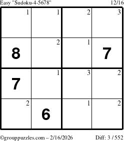 The grouppuzzles.com Easy Sudoku-4-5678 puzzle for Monday February 16, 2026 with the first 3 steps marked