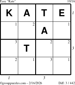 The grouppuzzles.com Easy Kate puzzle for Monday February 16, 2026, suitable for printing, with all 3 steps marked