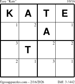 The grouppuzzles.com Easy Kate puzzle for Monday February 16, 2026 with the first 3 steps marked