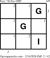 The grouppuzzles.com Easy TicTac-GHI puzzle for Monday February 16, 2026 with all 2 steps marked