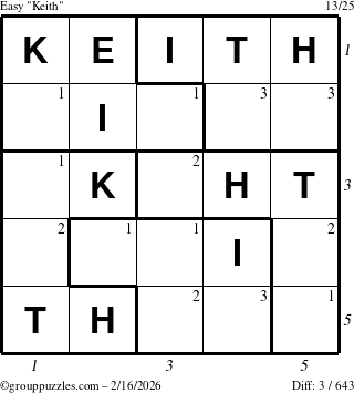 The grouppuzzles.com Easy Keith puzzle for Monday February 16, 2026 with all 3 steps marked
