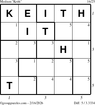 The grouppuzzles.com Medium Keith puzzle for Monday February 16, 2026 with all 5 steps marked