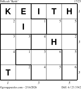 The grouppuzzles.com Difficult Keith puzzle for Monday February 16, 2026, suitable for printing, with all 6 steps marked