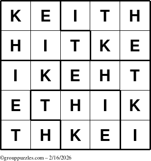 The grouppuzzles.com Answer grid for the Keith puzzle for Monday February 16, 2026