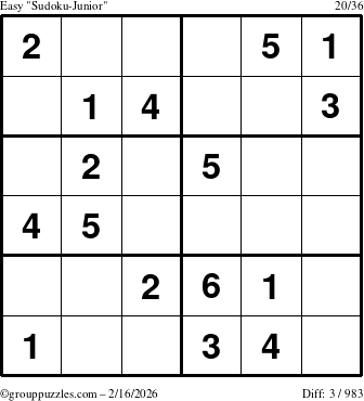 The grouppuzzles.com Easy Sudoku-Junior puzzle for Monday February 16, 2026