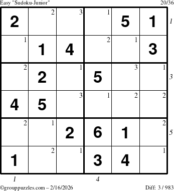 The grouppuzzles.com Easy Sudoku-Junior puzzle for Monday February 16, 2026, suitable for printing, with all 3 steps marked