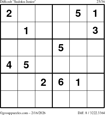 The grouppuzzles.com Difficult Sudoku-Junior puzzle for Monday February 16, 2026