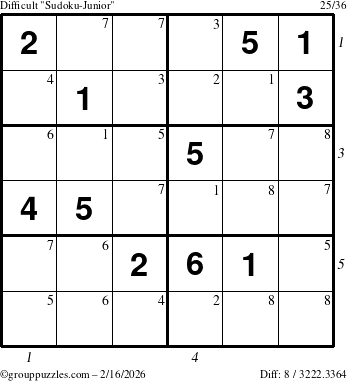 The grouppuzzles.com Difficult Sudoku-Junior puzzle for Monday February 16, 2026 with all 8 steps marked