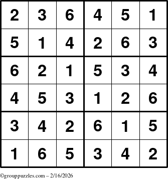 The grouppuzzles.com Answer grid for the Sudoku-Junior puzzle for Monday February 16, 2026