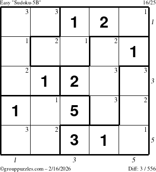 The grouppuzzles.com Easy Sudoku-5B puzzle for Monday February 16, 2026 with all 3 steps marked