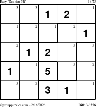 The grouppuzzles.com Easy Sudoku-5B puzzle for Monday February 16, 2026 with the first 3 steps marked